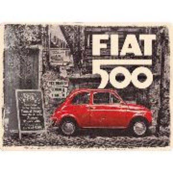 Bild von Blechschild. Fiat / Fiat 500 - Red car in the street